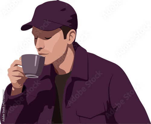 Man In Purple Hat And Jacket Enjoys Coffee Cup Aroma