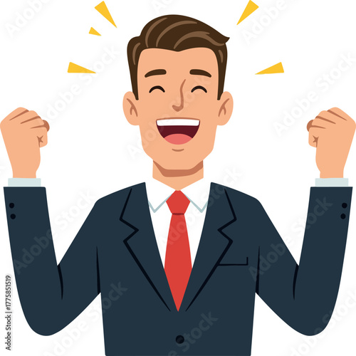 Man In Suit Cheering Excitedly With Arms Raised In Celebration Vector