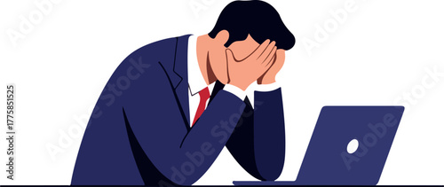 Man In Suit Holds Head In Hands Frustration At Laptop Computer Flat Design
