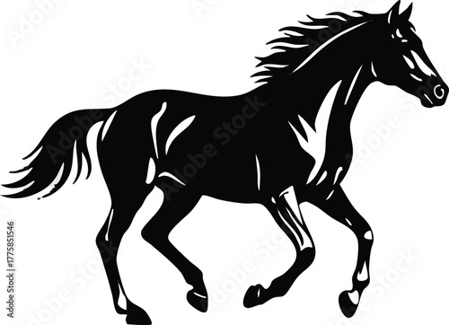Dynamic black silhouette of a majestic horse trotting with flowing mane and tail.