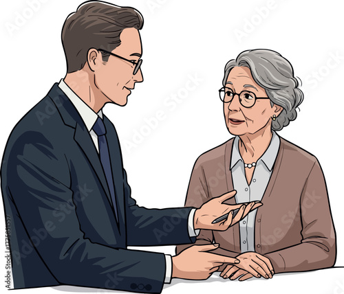 Man in Suit Talking to Elderly Woman Casual Outfit with Glasses