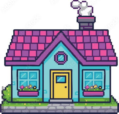 A cute pixel art illustration of a colorful house with a purple roof and smoking chimney.