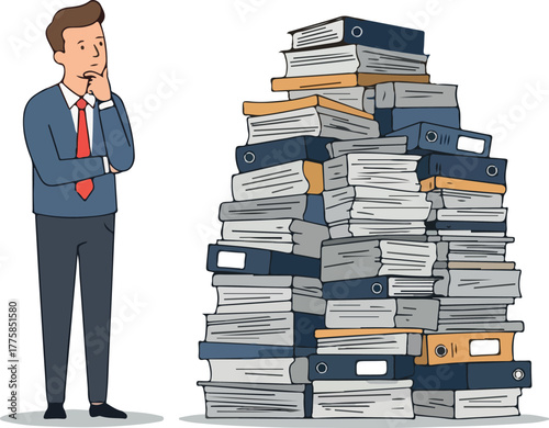 Man In Suit Thinking About Tall Stack of Folders White Background Flat Illustration