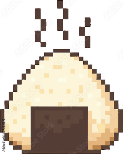 A pixel art illustration of a steaming hot Japanese onigiri rice ball with nori seaweed.