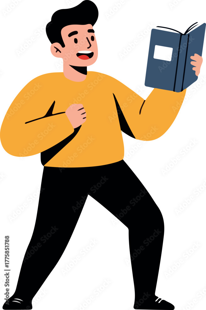 Fototapeta premium Man Reading Book in Yellow Sweater Black Pants Minimalist Flat Design