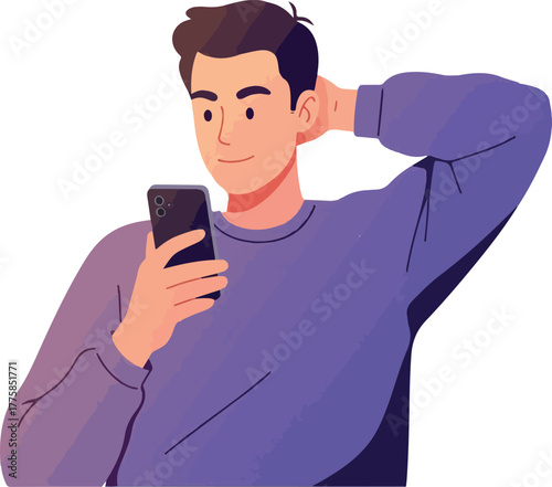 Man Relaxing With Smartphone Flat Design Vector Illustration Purple Sweatshirt
