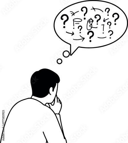 Man Thinking About Questions and Arrows in Thought Bubble Vector