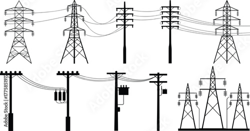 Electric Power Transmission Towers, Utility Poles, High Voltage Lines, Electrical Infrastructure, Vector Icons, Black and White, Isolated Silhouettes, Energy Distribution System