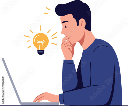 Man Thinking Laptop Idea Lightbulb Insightful Blue Outfit Flat Design