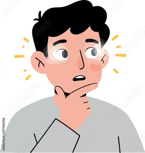 Man Thinking With Eyes Wide Open And Hand On Chin Yellow Sparks White Background