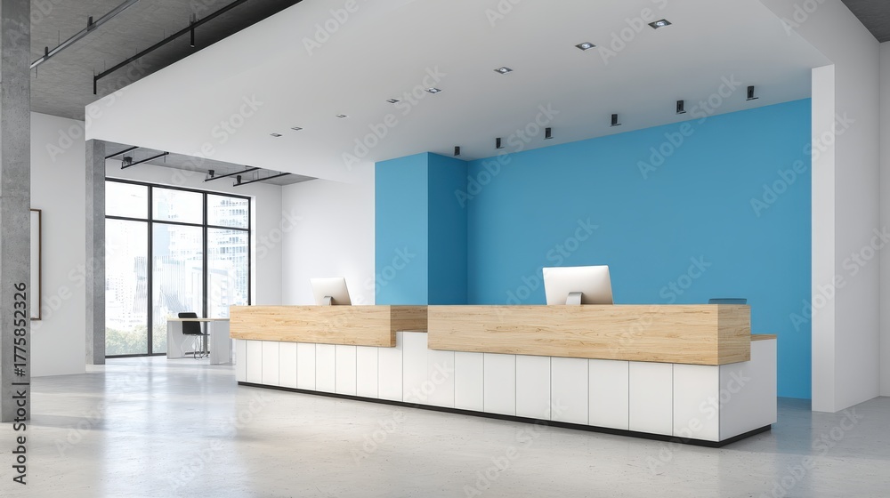 Fototapeta premium Modern Reception Area with Minimalist Design, Featuring Clean Lines and Bright, Open Space for a Welcoming Atmosphere