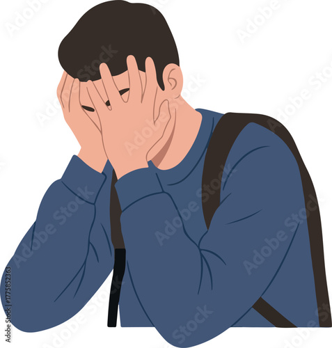 Man With Hands On Face Blue Sweater Backpack Feeling Stressed