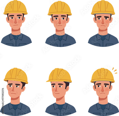 Man With Hard Hat Various Emotions Flat Design Vector Set Isolated