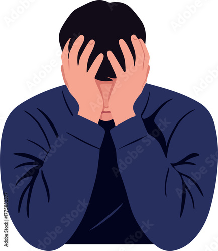 Man With Hands Over Face Showing Sadness And Despair In Blue Jacket