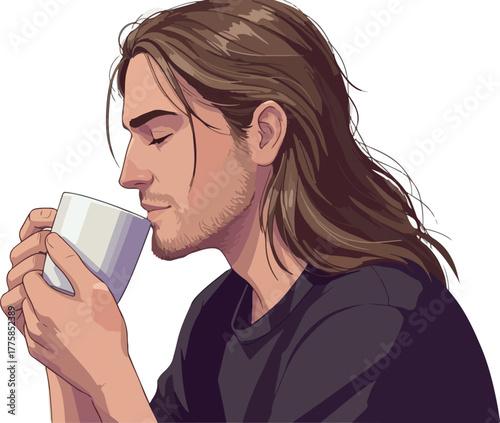 Man With Long Hair Enjoying Coffee In A Minimalist Pixel Art Style