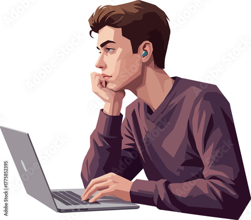 Man With Laptop Wearing Purple Sweater and Earbuds Thinking