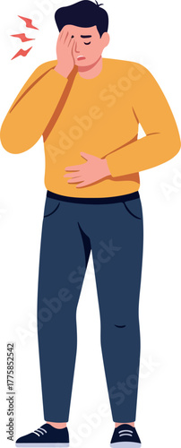 Man Yellow Sweater Blue Pants Holding Head In Pain Red Ache Symbols