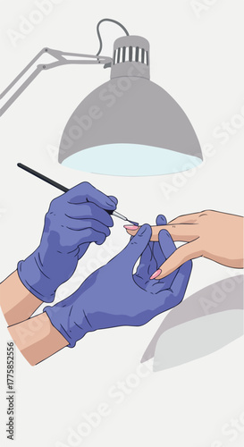 Manicurist Applying Polish to Nails Under Desk Lamp