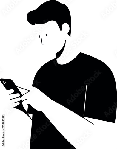 Minimalist Flat Design Man Using Smartphone Simple Black and White Illustration
