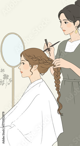 Minimalist Hairdresser Styling Long Braid Soft Lighting Beige Background