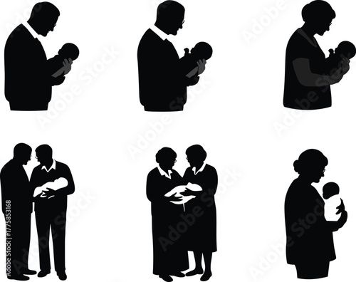 Family holding baby silhouettes, parents and grandparents love, newborn care, generational bonding, parenthood, affection, family connection, nurturing, tenderness, new life