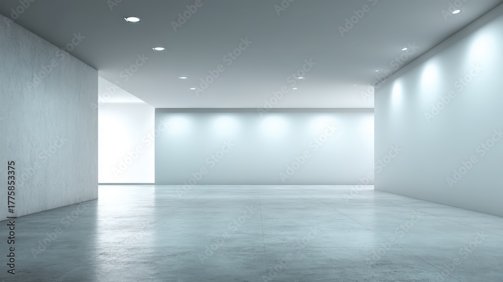 Obraz premium Modern White Gallery Interior with Polished Concrete Floor and Spotlights for Art Exhibition