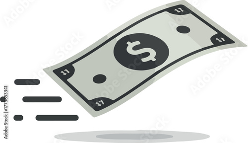 One Dollar Bill Flying Fast Motion Graphic Minimalist Vector Isolated