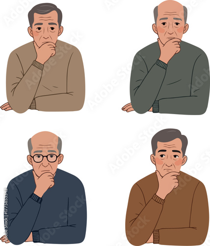 Older Man Thinking Pensive Pose Casual Sweaters Flat Design Isolated