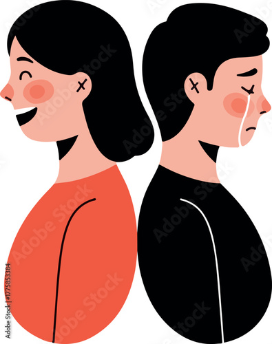 Opposite Emotions Flat Design Of Happy Woman Sad Man Back To Back Isolated