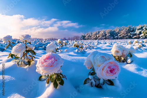 大雪原 雪の中で薔薇の花が咲いている