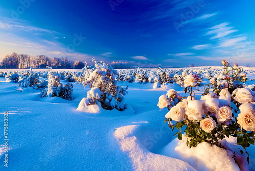 大雪原 雪の中で薔薇の花が咲いている