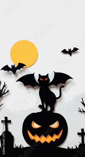 Pixel Art Black Cat Bat Halloween Pumpkin Moon Moonlit Cemetery Minimal Illustration