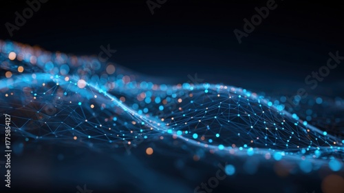 Abstract Data Stream Visualization with Connected Dots and Lines on a Dark Blue Background