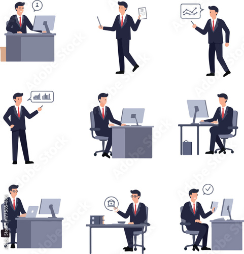 Pixel Art Business Man At Desk And Presenting With Charts Blue And Red Suit