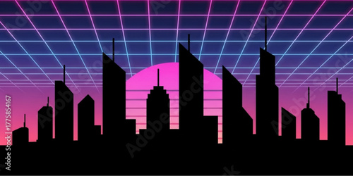 Retro-Futuristic City Skyline Silhouette - Time Warp 80s Vector