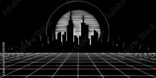 Retro-Futuristic City Skyline Silhouette - Time Warp 80s Vector