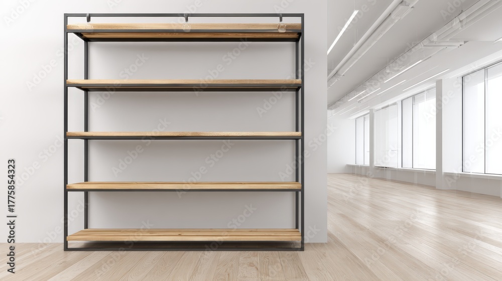Fototapeta premium Modern Minimalist Bookshelf with Empty Shelves in Bright Contemporary Interior Design Setting, Ideal for Product Display or Content Mockups
