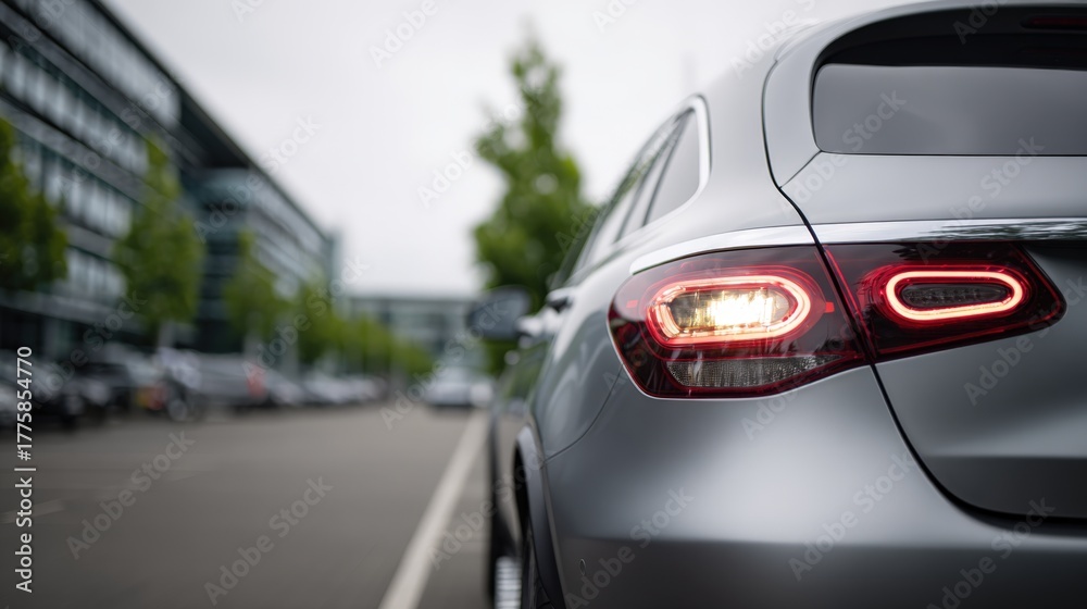 Fototapeta premium Sleek Silver Car Rear View with Illuminated Tail Light, Modern Design, and Automotive Engineering