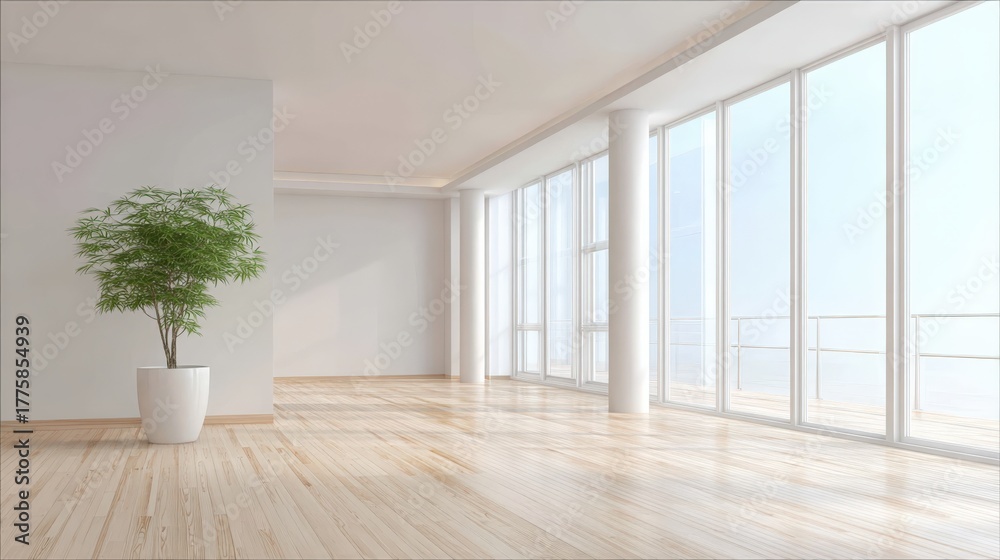 Fototapeta premium Bright Empty Room Interior with Large Windows, Hardwood Flooring, and Minimalist Design Featuring Plant