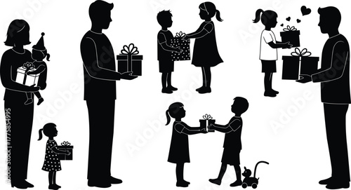 Family and children exchanging gifts, celebration moments, giving presents, birthday joy, love, kindness, holiday happiness, generosity, caring relationships, festive illustration