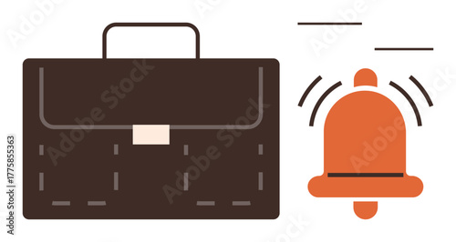 Brown briefcase paired with orange ringing bell conveys work-related alerts, time management, and task reminders. Ideal for productivity, office concept, job focus, business planning, urgency