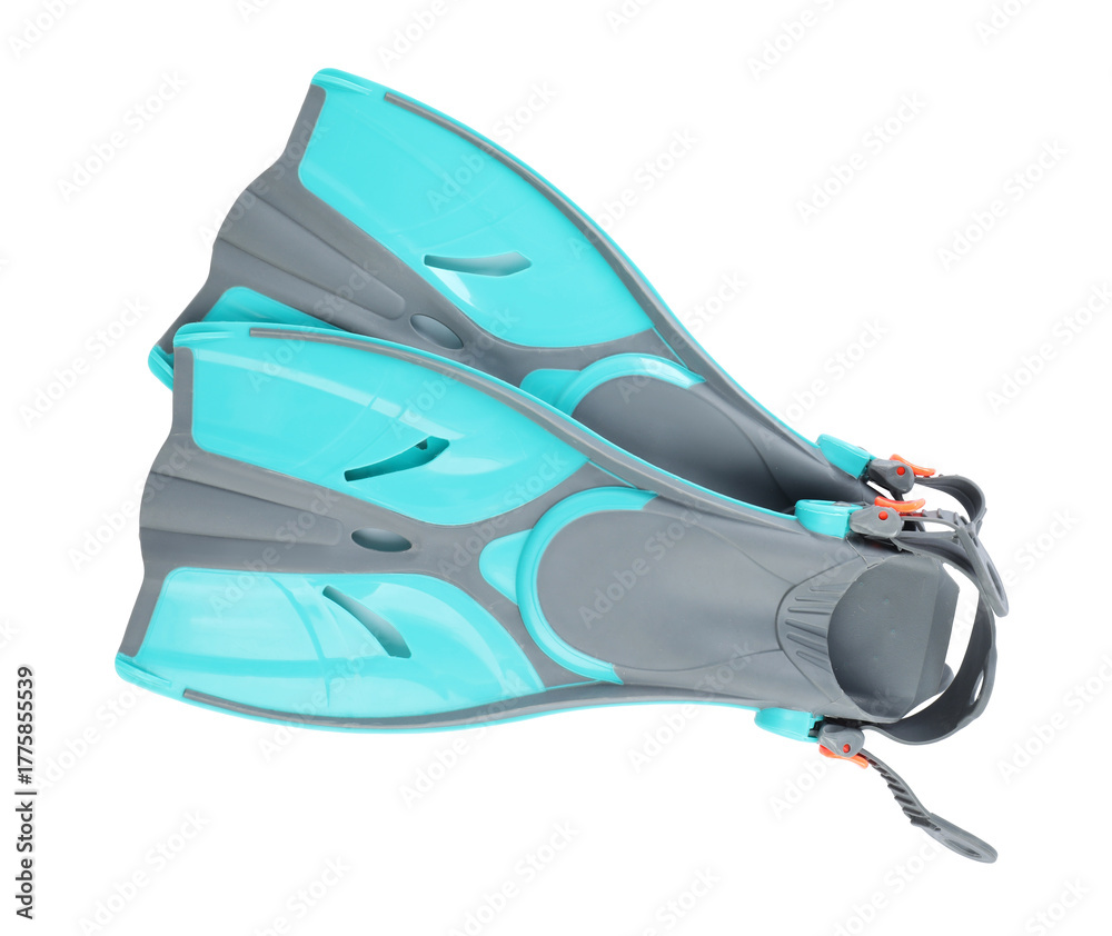 Naklejka premium Pair of bright flippers isolated on white, top view. Swimming accessory