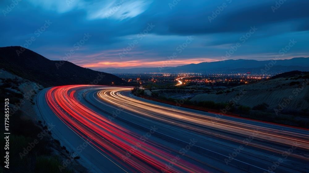 Fototapeta premium Highway at Dusk with Car Light Trails, City Lights, and Mountains in the Background