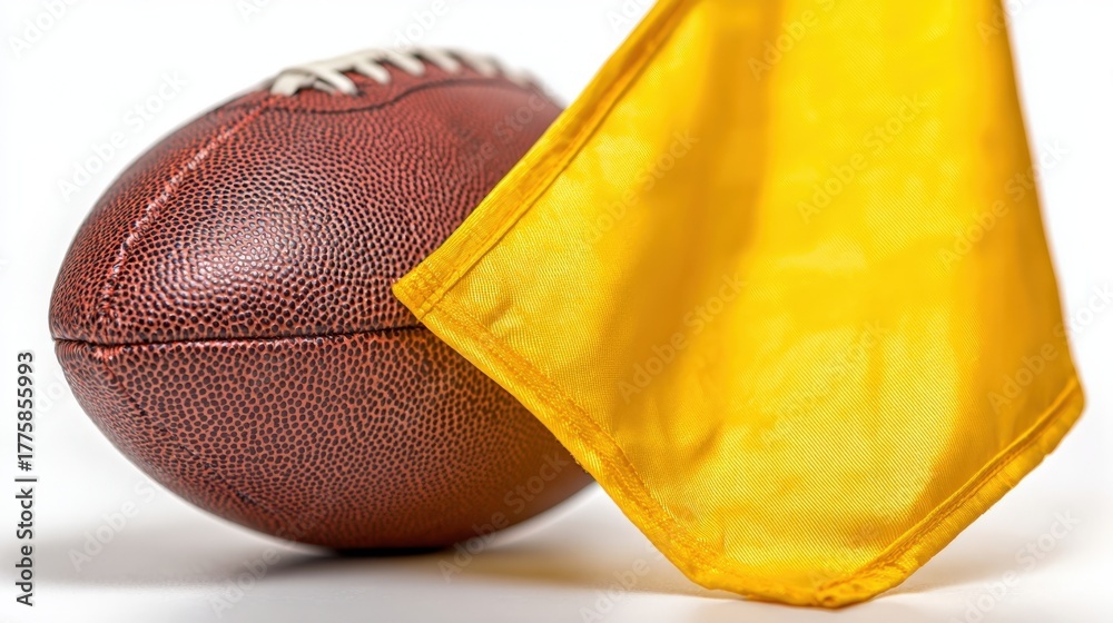 Naklejka premium American Football with Penalty Flag Still Life Isolated on White Background for Sports Concepts