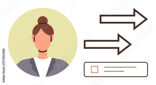 Headset-wearing female agent in a blazer with directional arrows and a task checklist. Ideal for customer support, communication, organization, workflow, service optimization, task management
