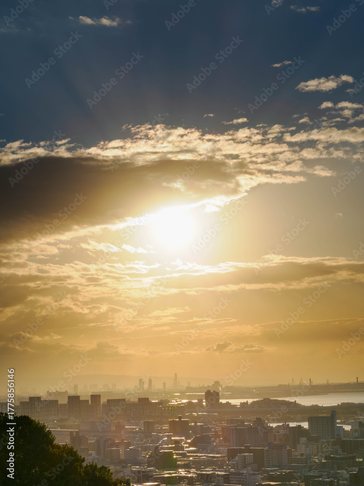 Fototapeta premium 都市の夜明け 神戸市の高台から市街地大阪湾を隔て大阪のビル群の景観