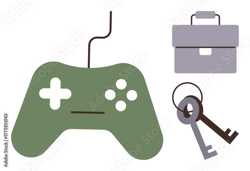 Gaming controller with cable, closed briefcase, and two keys. Ideal for work-life balance, multitasking, leisure, security, job flexibility hobbies and personal freedom. Simple flat metaphor