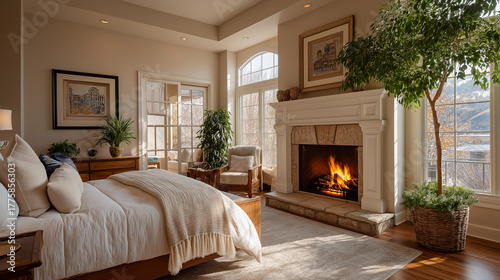 Cozy Bedroom with Fireplace: A tranquil bedroom scene showcasing a crackling fireplace, casting a warm glow, and an inviting bed set against the backdrop of an airy, sunlit space. 