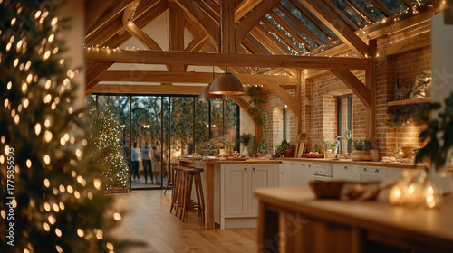 Warmth of the Gathering: A cozy and inviting kitchen bathed in the warm glow of festive lights, ready for the seasonal moments of togetherness and cheer.