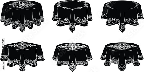 Elegant decorative tablecloth set, black and white lace fabric design, vintage embroidery pattern, round and square table covers collection, vector illustration